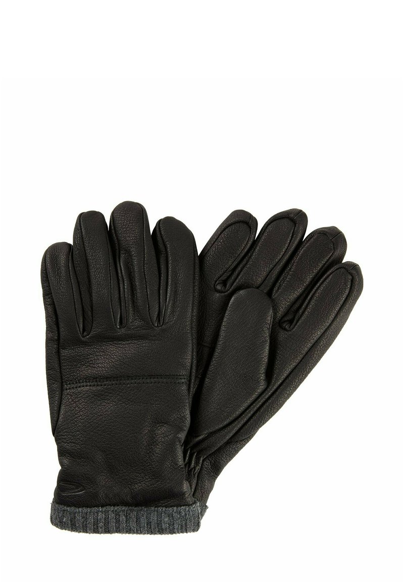 Zwarte leren handschoenen met vijf vingers, voorzien van een getextureerd oppervlak en een grijze gebreide manchette voor extra warmte en comfort.