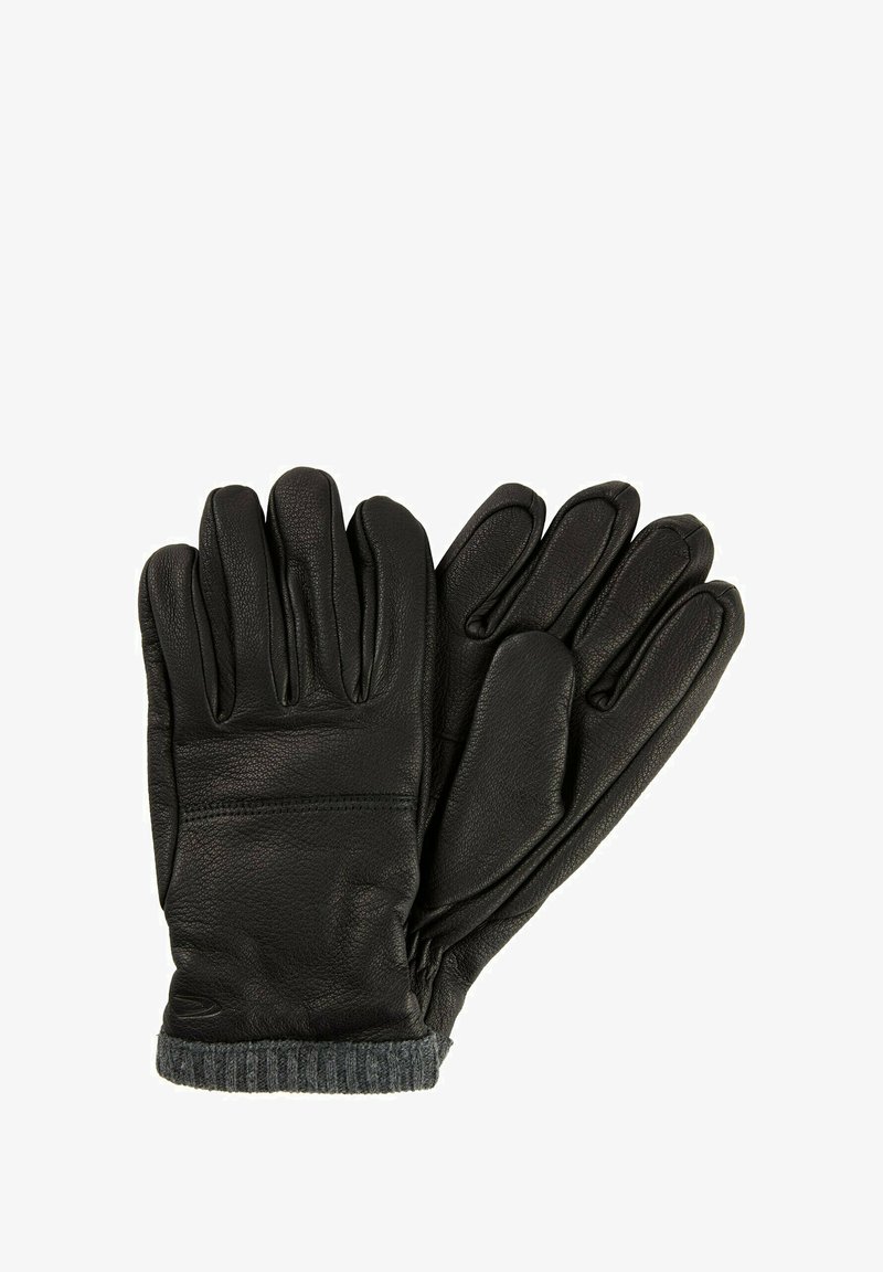 Sorte skindhandsker med fem fingre, der har en tekstureret overflade og en grå strikket manchet for ekstra varme og komfort.