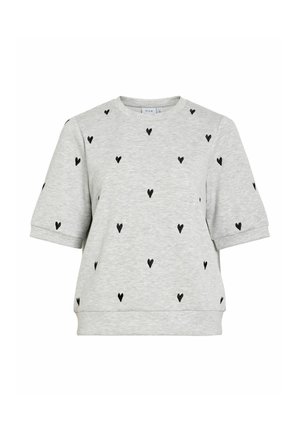 Sweat-shirt gris clair à manches courtes avec col rond, décoré de petits cœurs noirs dispersés.