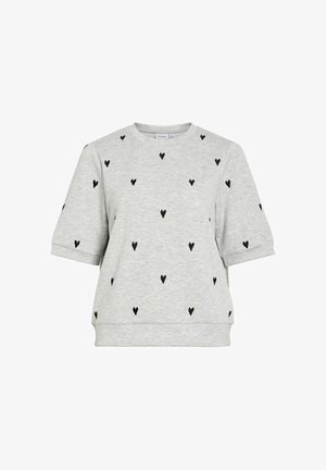 Sweat-shirt gris clair à manches courtes avec col rond, décoré de petits cœurs noirs dispersés.