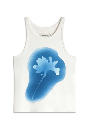 White sleeveless ribbed tank top with blue abstract flower design centered on front and THINKING MU label inside collar.