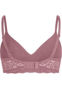 Mauve bralette met een zachte bovenkant van stof en delicate kantdetails aan de onderkant. Voorzien van verstelbare bandjes en een haak-en-oog sluiting.