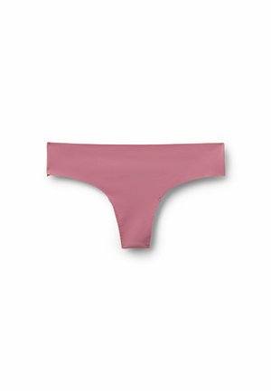 Thong underwear in soft, stretchy fabric; solid dusty rose color; minimal coverage with low rise and wide sides; no patterns or embellishments.