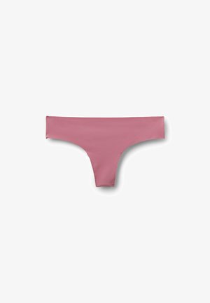 Thong underwear in soft, stretchy fabric; solid dusty rose color; minimal coverage with low rise and wide sides; no patterns or embellishments.