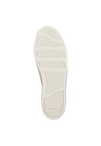 Sole di scarpa in gomma bianca con superficie texturizzata, caratterizzata da vari motivi e creste per aderenza, e un'area del tacco leggermente sollevata.