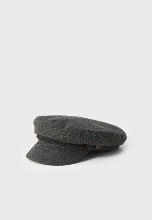 Mørkegrå mønstret kasket med sort flettet bånddetalje over den korte, afrundede skygge på en hvid baggrund.