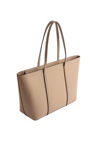 Beżowa torba tote z pionowymi szwami, prostokątnym kształtem i gładką fakturą. Posiada długie, smukłe uchwyty oraz minimalistyczny design.