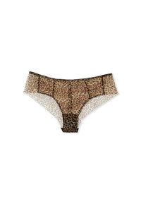 Leopardenmuster-Unterwäsche aus transparentem Stoff, mit schwarzem Saum und Details. Das Design umfasst verschiedene Töne von Beige und Braun.