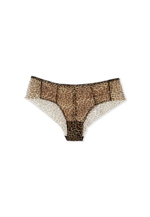 Culotte en imprimé léopard en tissu transparent, avec des bordures et des détails noirs. Le design comprend diverses nuances de beige et de marron.