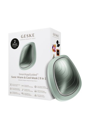 GESKE Sonic Warm & Cool masker met 9-in-1 gezichtechnologie, inclusief SmartAppGuided, LED-licht, koeling, massage en ontzwelling functionaliteiten.