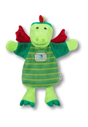 Green dragon plush toy with red wings and a striped body. Features embroidered detail on chest. Soft texture and rounded shape.