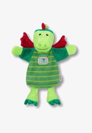 Green dragon plush toy with red wings and a striped body. Features embroidered detail on chest. Soft texture and rounded shape.