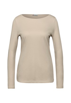 Top beige de manga larga con un escote amplio. Hecho de una tela suave, cuenta con un corte ajustado y puños acabados. Sin patrones ni adornos.