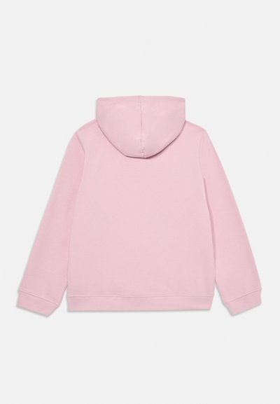 Pink hoodie featuring a soft fabric, front kangaroo pocket, and a textured hood. Long sleeves with ribbed cuffs and hem finish.
