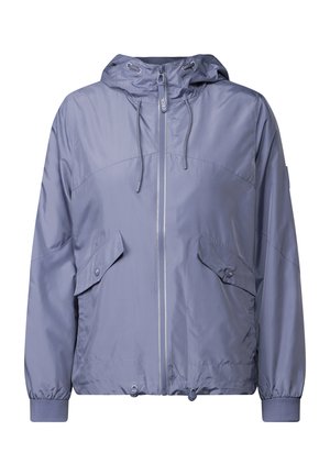 Himmelblaues Windbreaker-Jackett mit Reißverschluss vorne, verstellbarem Kapuzenzug, zwei großen Fronttaschen und elastischen Bündchen. Glattes, glänzendes Material.