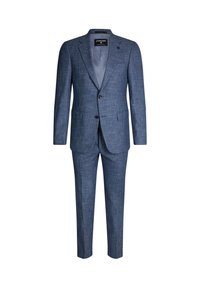 Completo blu a fantasia con giacca a due bottoni e revers a notched, pantaloni abbinati e un tessuto morbido e strutturato.