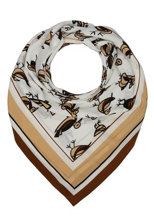 Kwadratowa chusta z beżowymi, brązowymi i białymi brzegami, z wzorem stylizowanych ptaków w czerni i odcieniu brązu na białym tle.