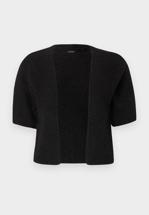 Cardigan noir en maille à ouverture avant, manches courtes et motif texturé, présenté sur un fond clair uni.