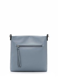 Borsa in pelle azzurro chiaro con superficie texturizzata, chiusura con zip superiore e tasca esterna con zip caratterizzata da un piccolo dettaglio con nappina.