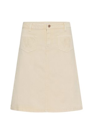 Beež A-lõikeline seelik esikinniste ja tõmblukuga, vööaasad ning kaks esist taskut, millel on liblikamustriga reljeef.