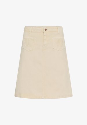 Bézs A-vonalú szoknya elöl gombokkal és cipzárral, övbújtatókkal, valamint két elülső zsebbel, amelyeken pillangó minták vannak dombornyomva.