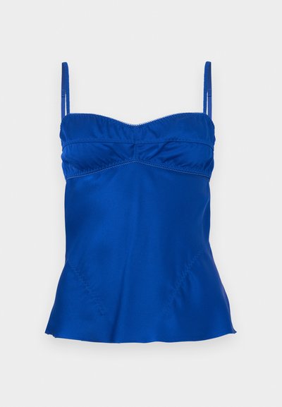 Satin blue camisole with adjustable straps, a gathered bustline, and a flared hem. Smooth texture with subtle stitching details.
