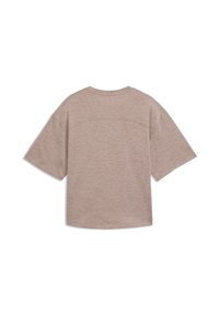 Ανοιχτό καφέ κοντομάνικο μπλουζάκι από απαλό ύφασμα, με στρογγυλή λαιμόκοψη και απλή, υφή επιφάνεια με άνετη εφαρμογή.