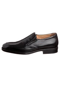 Black leather slip-on shoe with a smooth finish, rounded toe, and subtle stitching details along the sides. Light-colored interior lining.