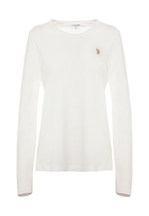 Maglietta maniche lunghe bianca realizzata in morbido cotone. Presenta un collo rotondo e un piccolo logo ricamato sul petto, con una texture liscia.