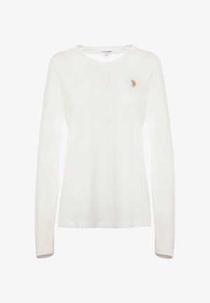 Maglietta maniche lunghe bianca realizzata in morbido cotone. Presenta un collo rotondo e un piccolo logo ricamato sul petto, con una texture liscia.