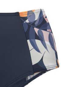 Bas de bikini bleu marine avec un panneau à motif floral dans des nuances de bleu, pêche et orange. Texture lisse avec des coutures surpiquées.