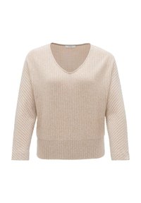 Beige gerippter Strickpullover mit V-Ausschnitt, langen Ärmeln und lockerer Passform. Die Textur zeichnet sich durch abwechselnde vertikale und diagonale Rippen aus.