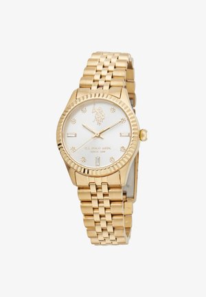 Gold-tone wristwatch with a textured bezel, white dial, diamond-like hour markers, and a link bracelet strap. Features U.S. Polo Assn. logo.