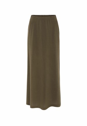 Longue jupe vert olive avec taille élastique, coupe droite et tissu lisse.
