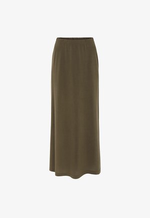 Longue jupe vert olive avec taille élastique, coupe droite et tissu lisse.