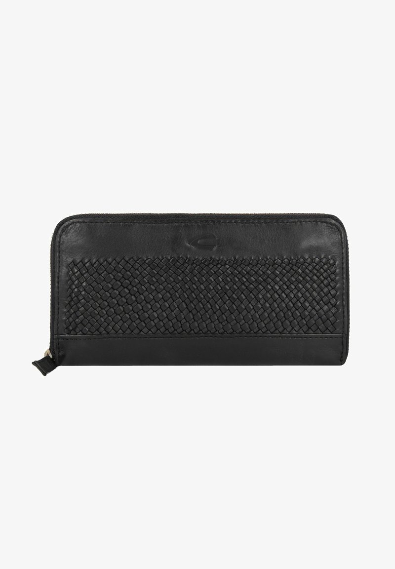 Portefeuille en cuir noir avec une texture tissée sur le devant, fermeture zippée en haut, surface lisse sur les côtés et accents de design minimalistes.