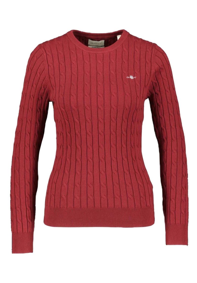Roter Strickpullover mit Zopfmuster, Rundhalsausschnitt und geripptem Saum. Verfügt über lange Ärmel und ein kleines Logo auf der oberen linken Seite.