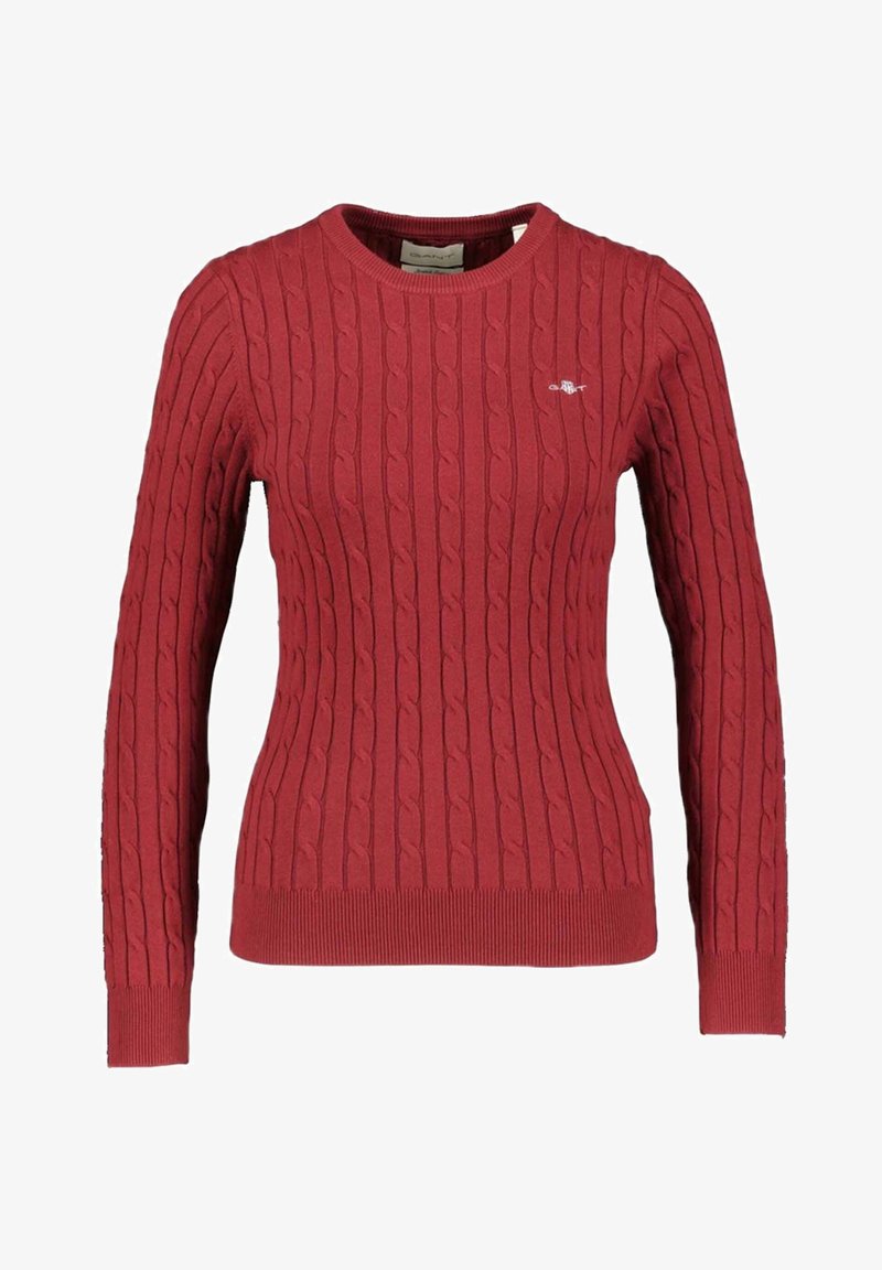 Roter Strickpullover mit Zopfmuster, Rundhalsausschnitt und geripptem Saum. Verfügt über lange Ärmel und ein kleines Logo auf der oberen linken Seite.