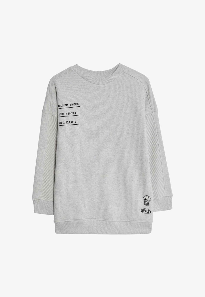 Grauer Sweater mit Rundhalsausschnitt, überschnittenen Schultern und gerippten Bündchen. Mit bedrucktem schwarzem Text und einem Basketball-Graphic am Saum.