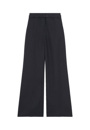 High-waist black wide-leg trousers with a matching belt, front seam detailing, and a concealed fastening.
