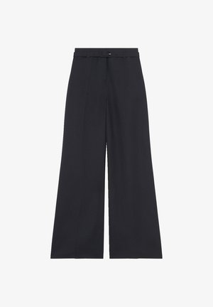Zwarte wijde broek met hoge taille, voorzien van een bijpassende riem, voornaaddetails en een verborgen sluiting.