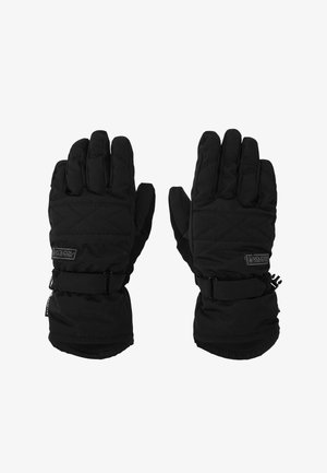 Coppia di guanti invernali neri isolati con cinturini regolabili al polso e patch con marchio sul retro di ogni mano.