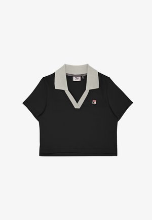 Czarna koszulka polo z kontrastującym szarym kołnierzykiem, krótkimi rękawami i dekoltem w kształcie litery V. Posiada małe logo na lewej piersi.