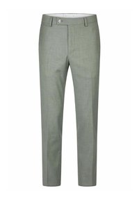 Hellegrüne Hose aus strukturiertem Stoff, mit Knopfverschluss, Gürtelschlaufen und geradem Bein Design.
