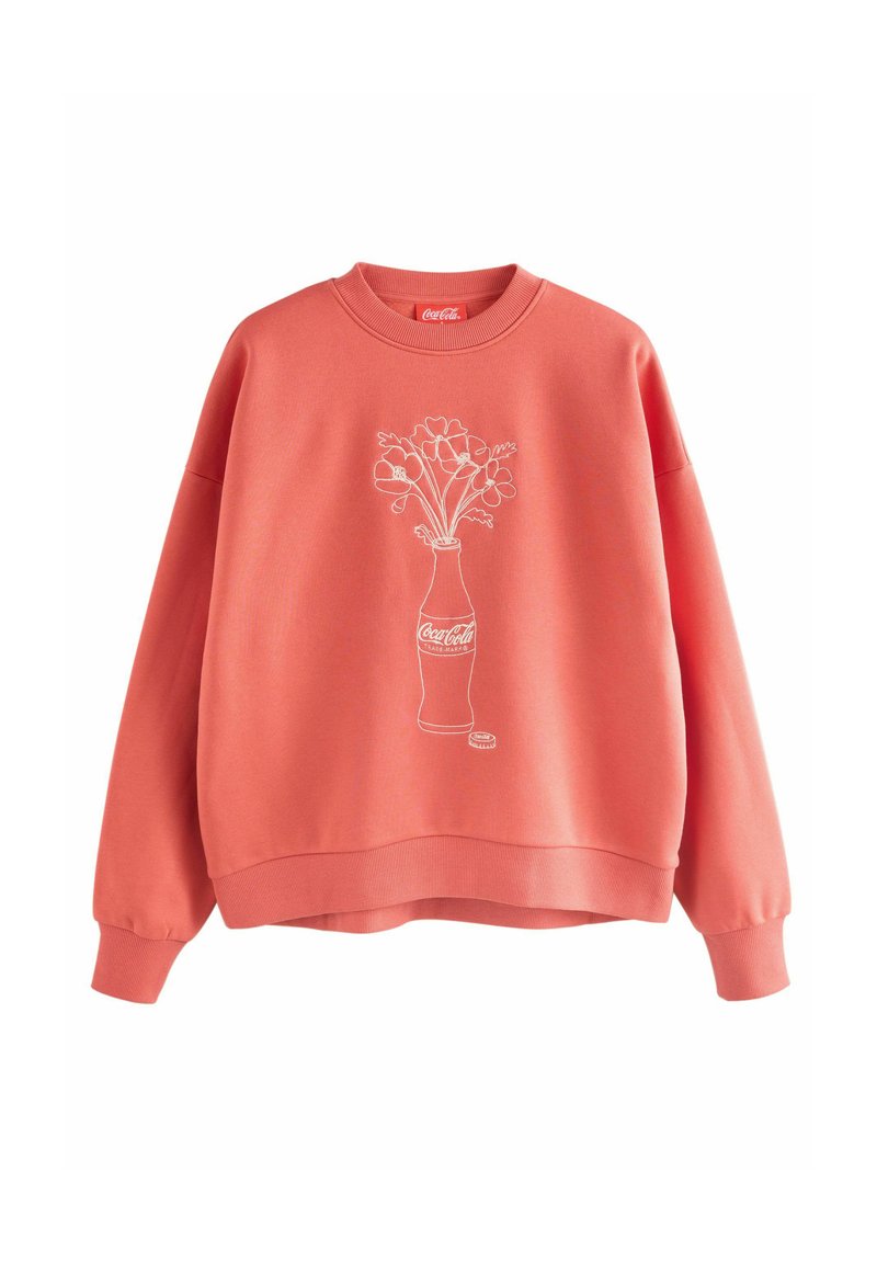 Korallfarbener Sweatshirt mit lockerer Passform, gerippten Bündchen und Rundhalsausschnitt. Enthält ein weißes Grafikdesign eines Flaschen mit Blumen und eine Illustration eines Flaschenverschlusses.