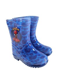 Bottes de pluie pour enfants de couleur bleue avec un motif de camouflage bleu foncé et le logo Marvel Spider-Man, présentant le visage de Spider-Man sur le côté.