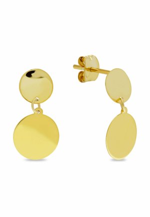 Boucles d'oreilles clous pendantes à double disque doré avec surfaces lisses et polies et fermoirs papillon.