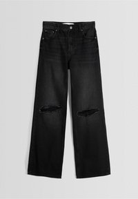 Černé široké džíny z denimu, s dvěma roztrženými koleny. Látka má hladkou texturu a klasický design s pěti kapsami.