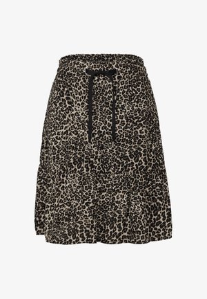 Spódnica w panterkę z elastycznym pasem, czarnym sznurkiem, warstwowym designem i jasnobeżowym tłem. Wykonana z miękkiego materiału.