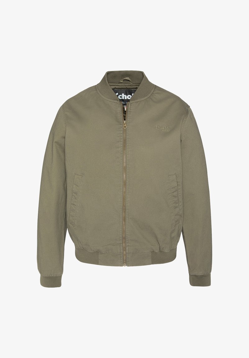 Giacca bomber verde oliva con zip frontale, polsini e vita a coste. Presenta tasche laterali e un logo discreto sul petto. Texture liscia.